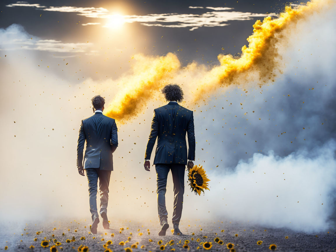 Men in suits with sunflowers walking towards sunset with fiery trails.