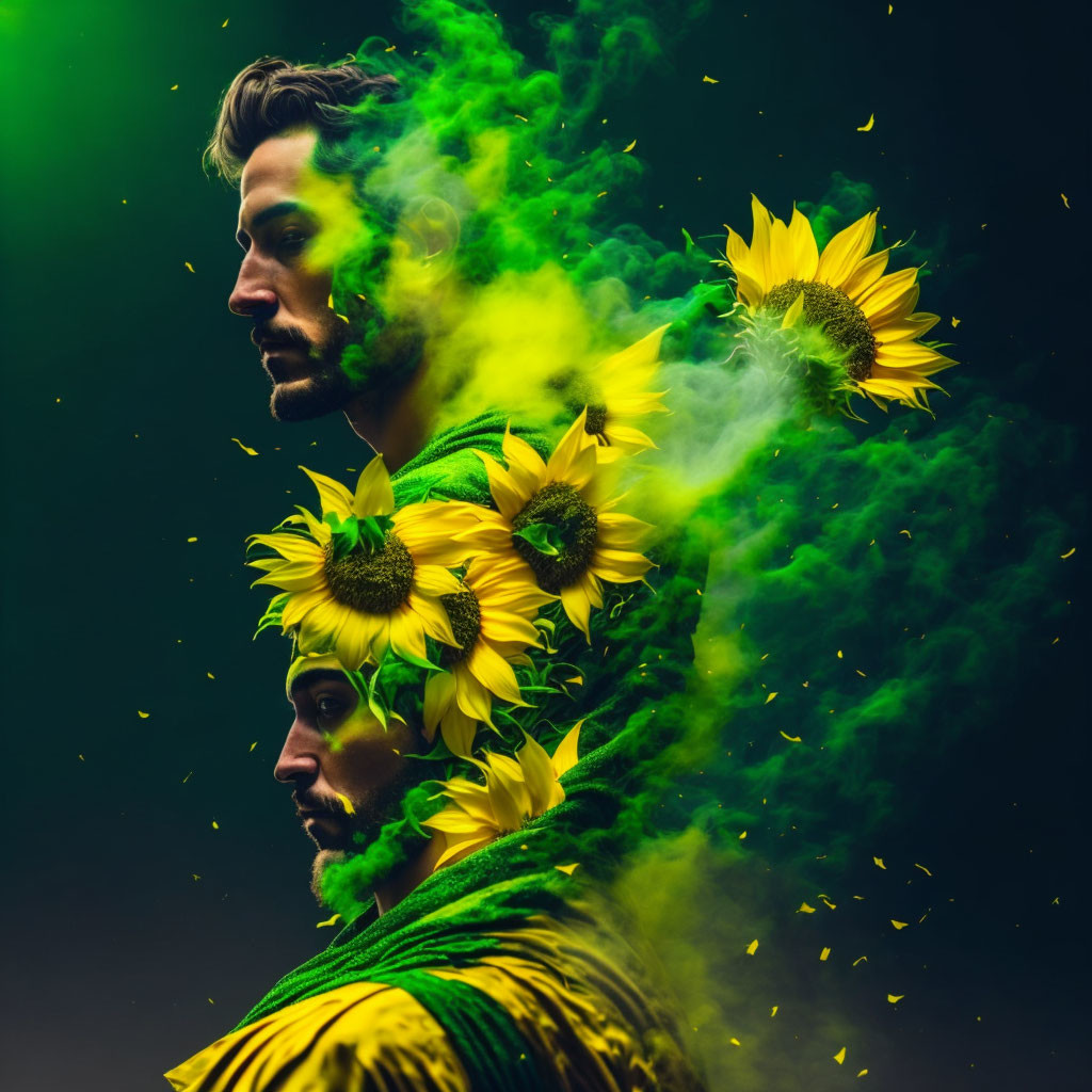 Surreal image of two men with sunflowers in green and yellow smoke