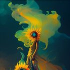 Sunflower-headed person with swirling green and yellow smoke on dark background