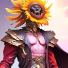 Person with sunflower head in golden armor & pink cape under warm light