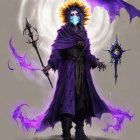 Mystical figure in purple robe with sunflower staff and magical flowers