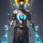 Digital artwork: Figure with sunflowers, skull mask, chainmail, metallic aesthetic