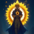 Woman with Sunflower Headdress and Feathers in Mystical Illustration