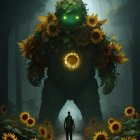 Person facing giant sunflower creature in sunlit forest