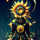 Colorful digital artwork: Sunflower-headed figure in green cloak with staff.