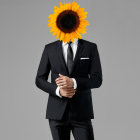 Person in Black Suit with Sunflower Head on Gray Background Depicting Creativity