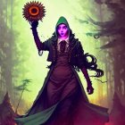 Woman in black dress with purple accents holding sunflower in mystical forest