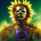 Golden Mask and Sunflower Petals with Purple and Gold Figure on Vivid Green Background