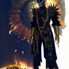 Medieval armor skeletons with sunflowers in fiery backdrop