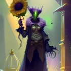 Majestic figure in purple and gold armor with sunflower motif and staff in glowing backdrop