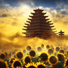 Multiple East Asian-style pagodas at sunset with sunflowers and crescent moon