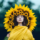 Woman with Vibrant Sunflower Headdress in Summer Setting