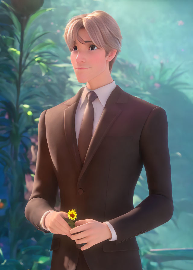 Light-haired male character in brown suit with yellow flower in lush setting