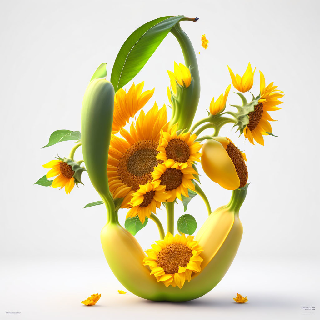 Large partially peeled banana with sunflowers on plain background