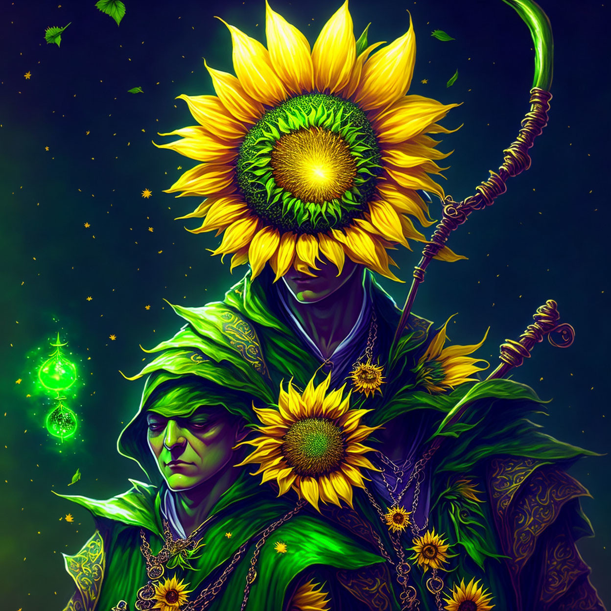 Colorful digital artwork: Sunflower-headed figure in green cloak with staff.