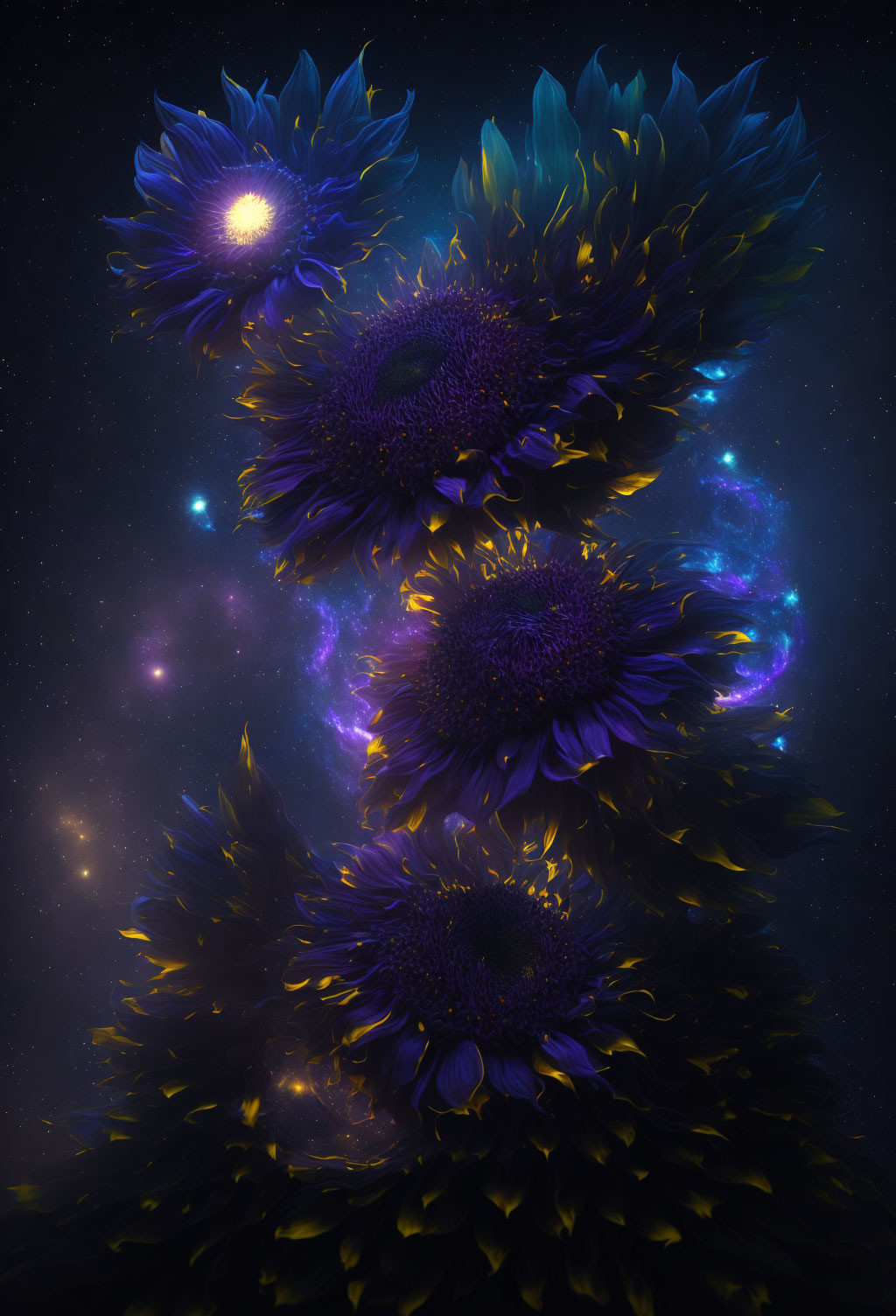 Vibrant blue and purple sunflowers in a cosmic setting