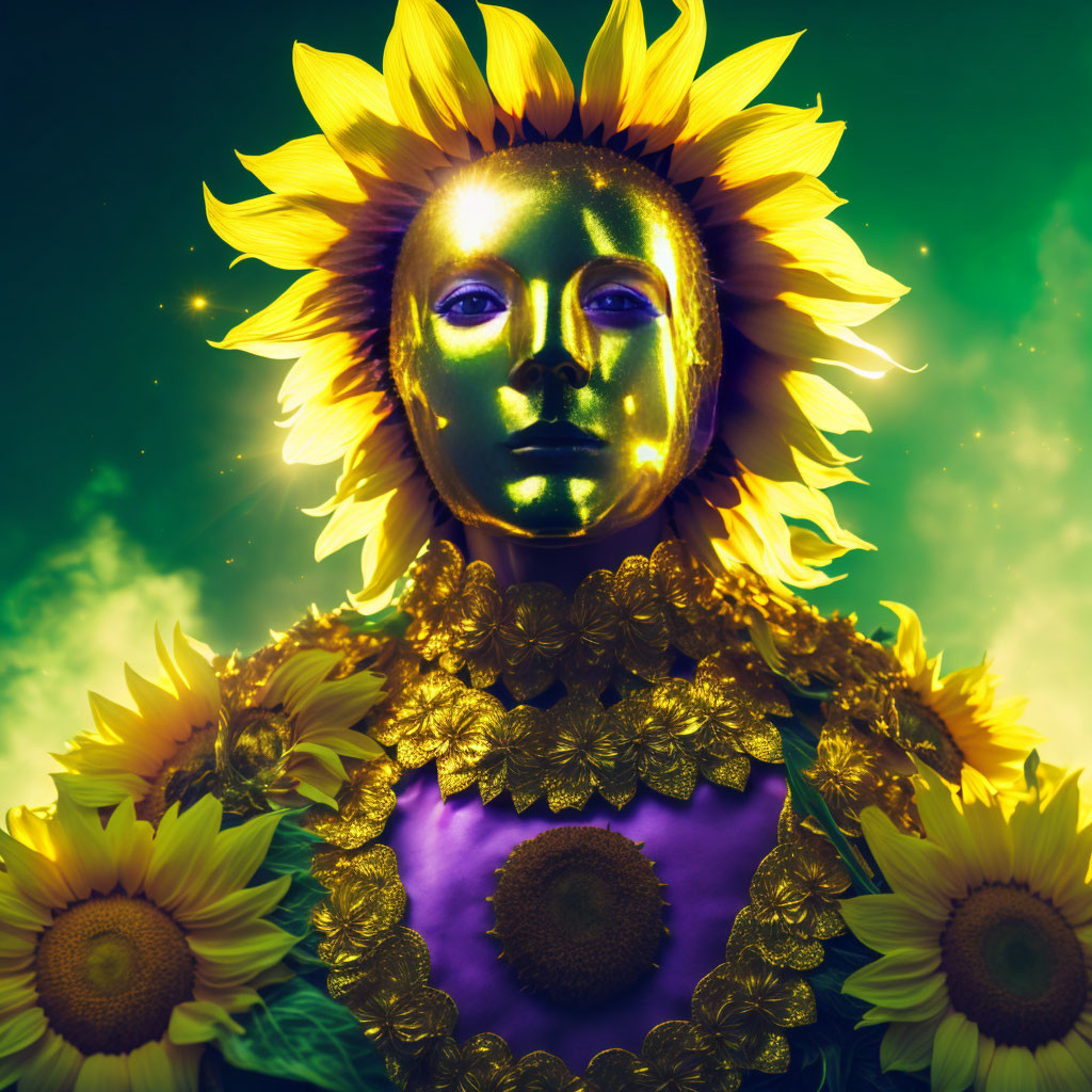 Golden Mask and Sunflower Petals with Purple and Gold Figure on Vivid Green Background