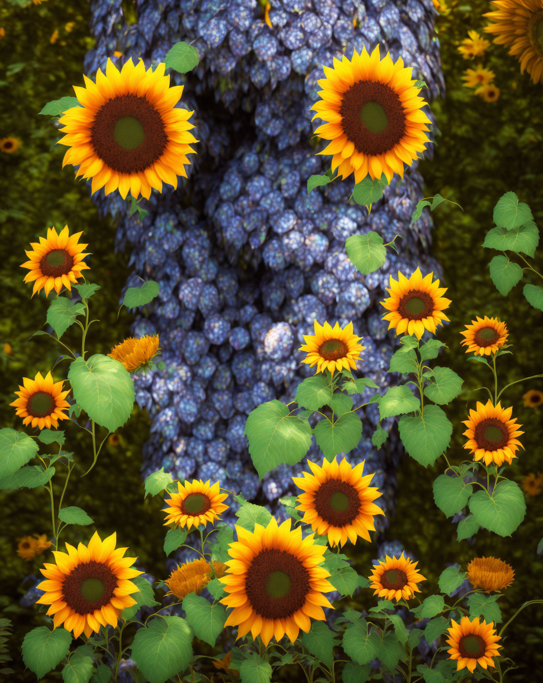 Vibrant sunflowers bloom by tree with textured bark