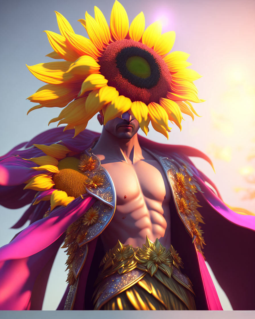 Person with sunflower head in golden armor & pink cape under warm light