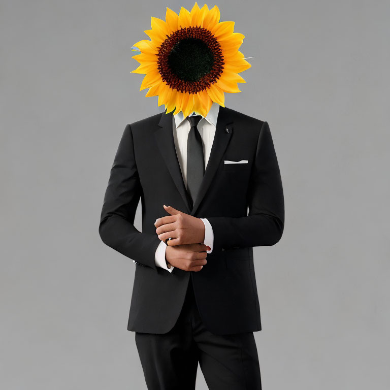 Person in Black Suit with Sunflower Head on Gray Background Depicting Creativity