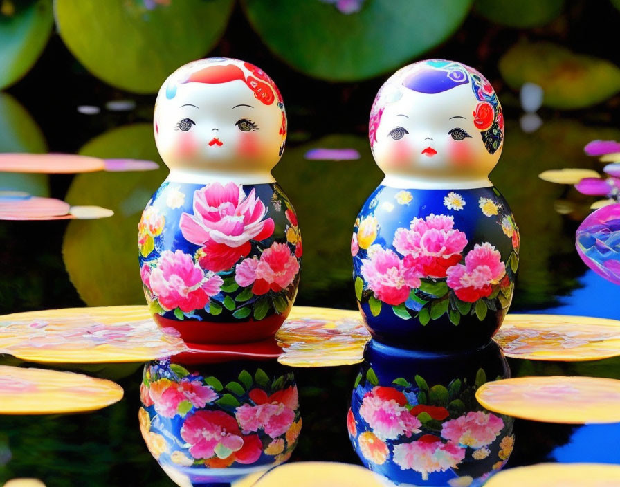 Colorful Traditional Russian Matryoshka Dolls on Reflective Surface with Floral Patterns and Lily P