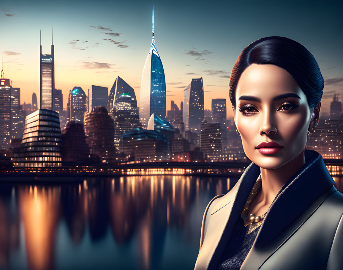 Confident woman with sleek hair in futuristic cityscape