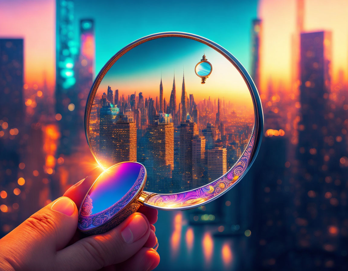 Ornate magnifying glass distorts city skyline at sunset