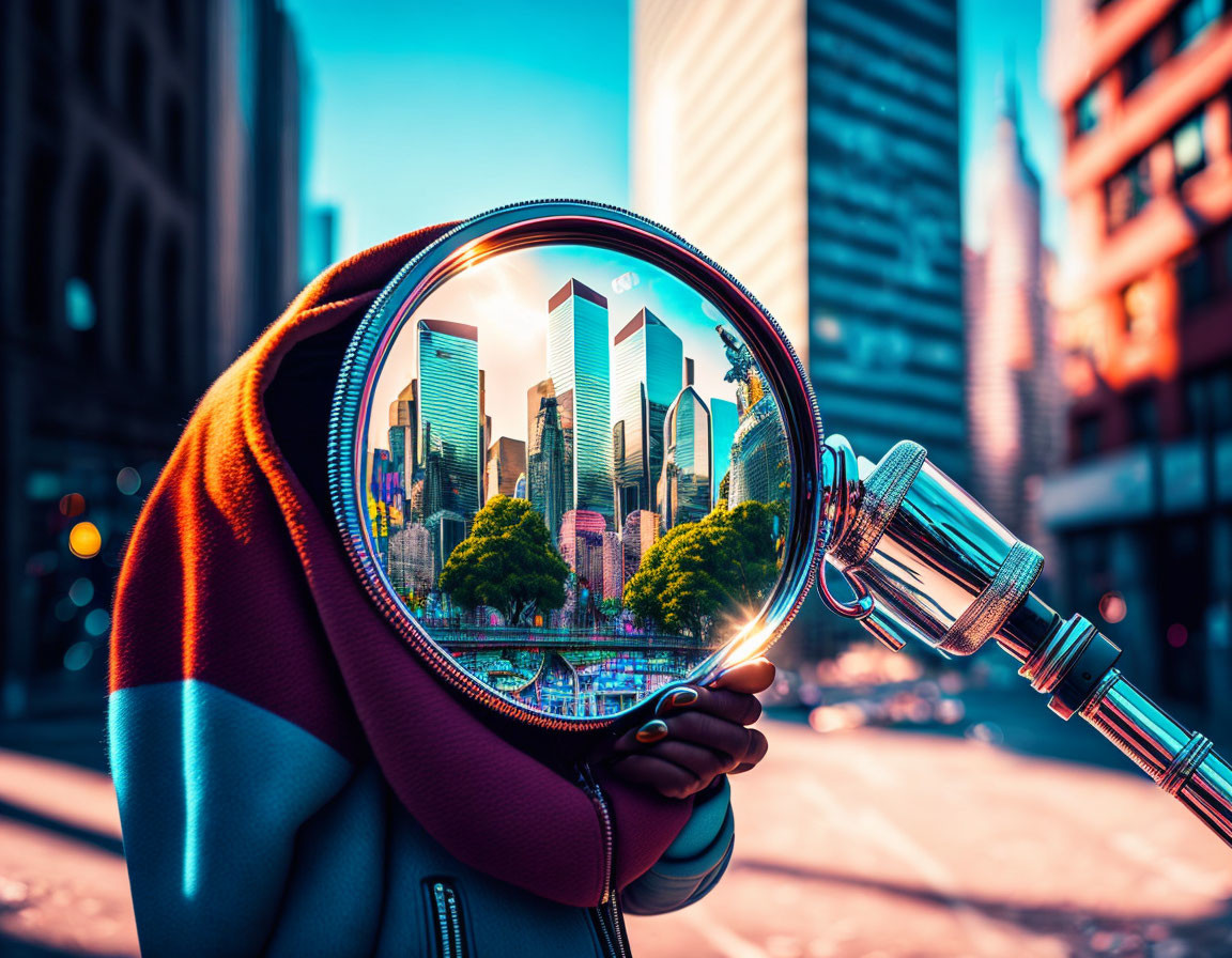 Person holding magnifying glass reflecting colorful city skyline.