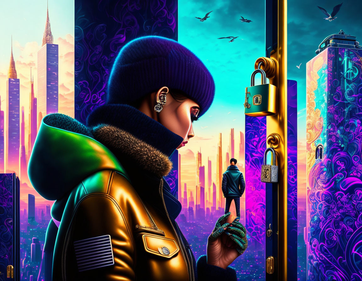 Stylish person with key at golden door in futuristic cityscape