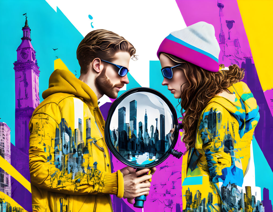 Colorful illustration of man and woman in yellow jackets with magnifying glass, cityscape backdrop