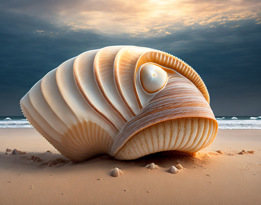 Large Seashell on Sandy Beach with Sunset Sky and Ocean Waves