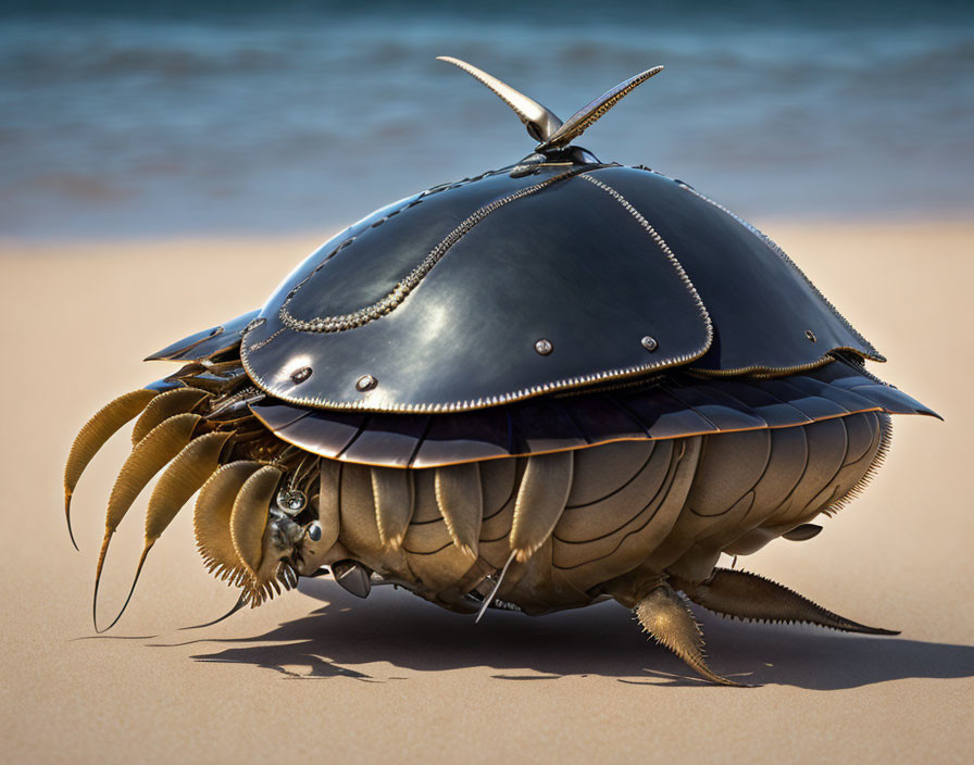 Steampunk-style mechanical turtle sculpture on sandy beachfront