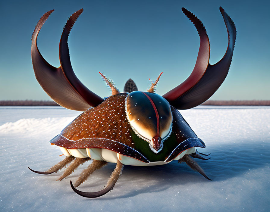 Exaggerated beetle with large horns in snowy landscape