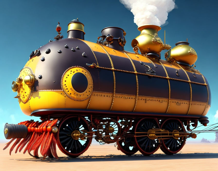 Steampunk-style train with golden details in desert landscape