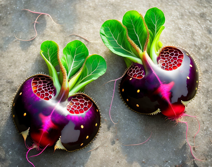 Stylized vibrant beet plants with glossy honeycomb texture