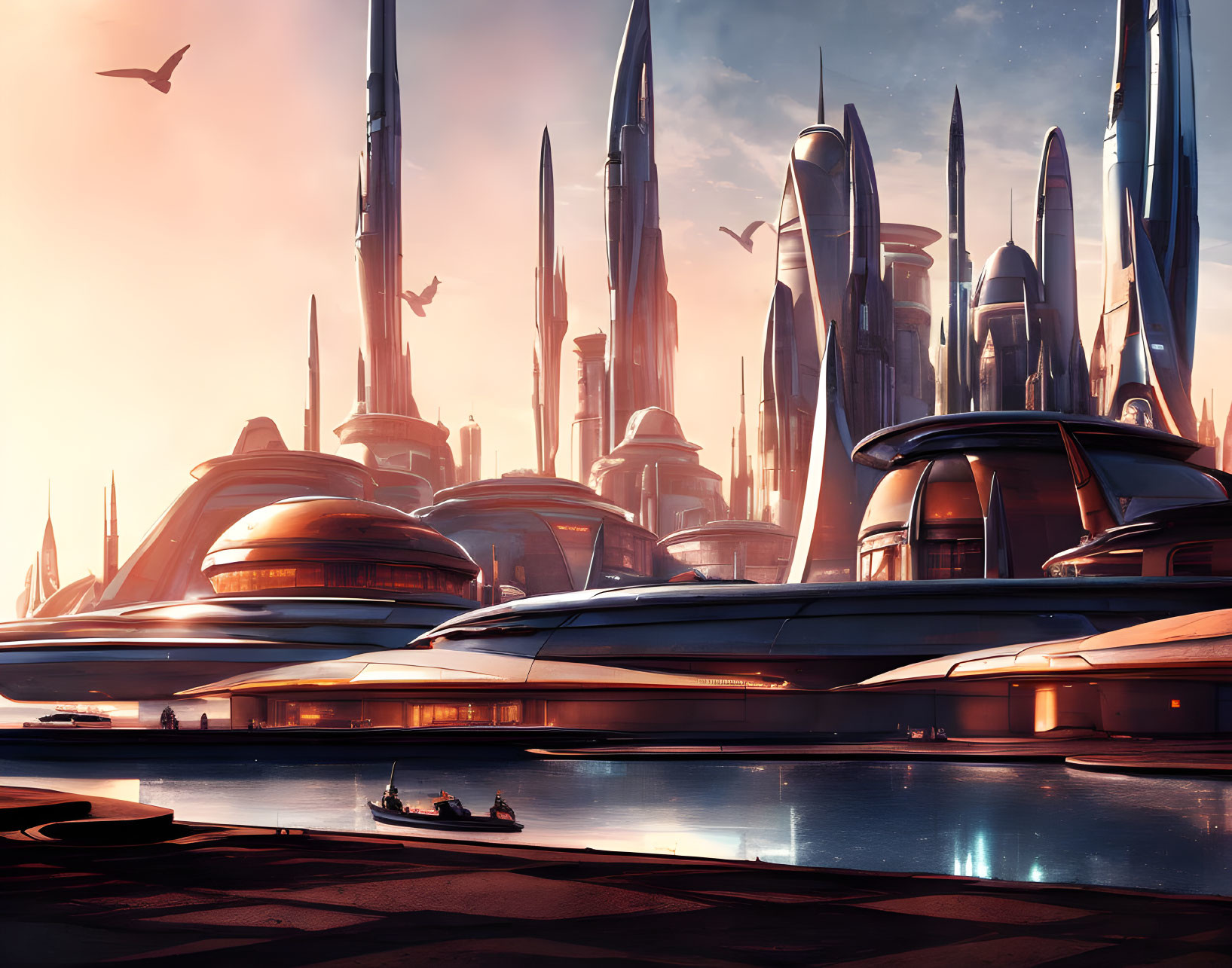 Futuristic cityscape with tall buildings, waterways, glowing sky, and flying birds