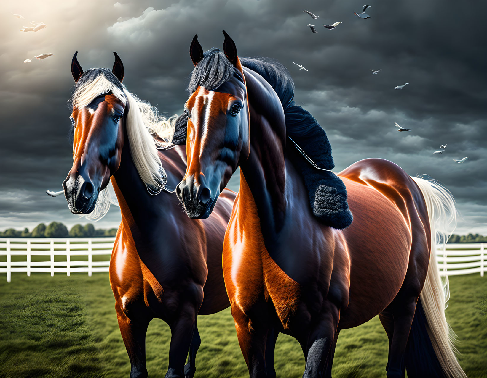 Majestic brown horses in fenced field with dramatic sky and birds