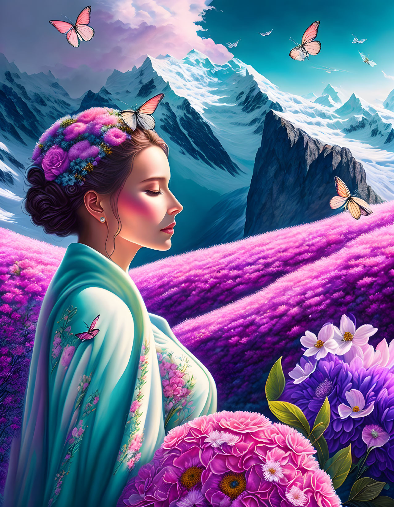 Woman in floral headpiece admires snow-capped mountains and purple fields