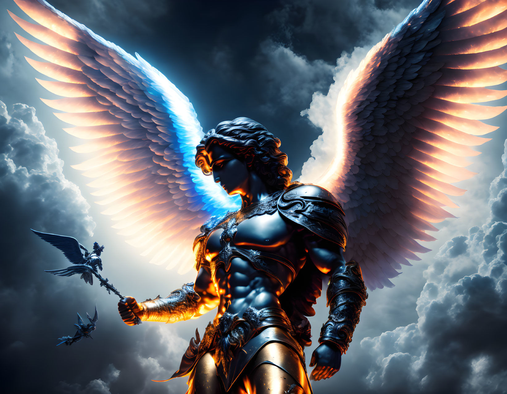 Majestic angel with luminous wings and sword in dramatic cloudy sky