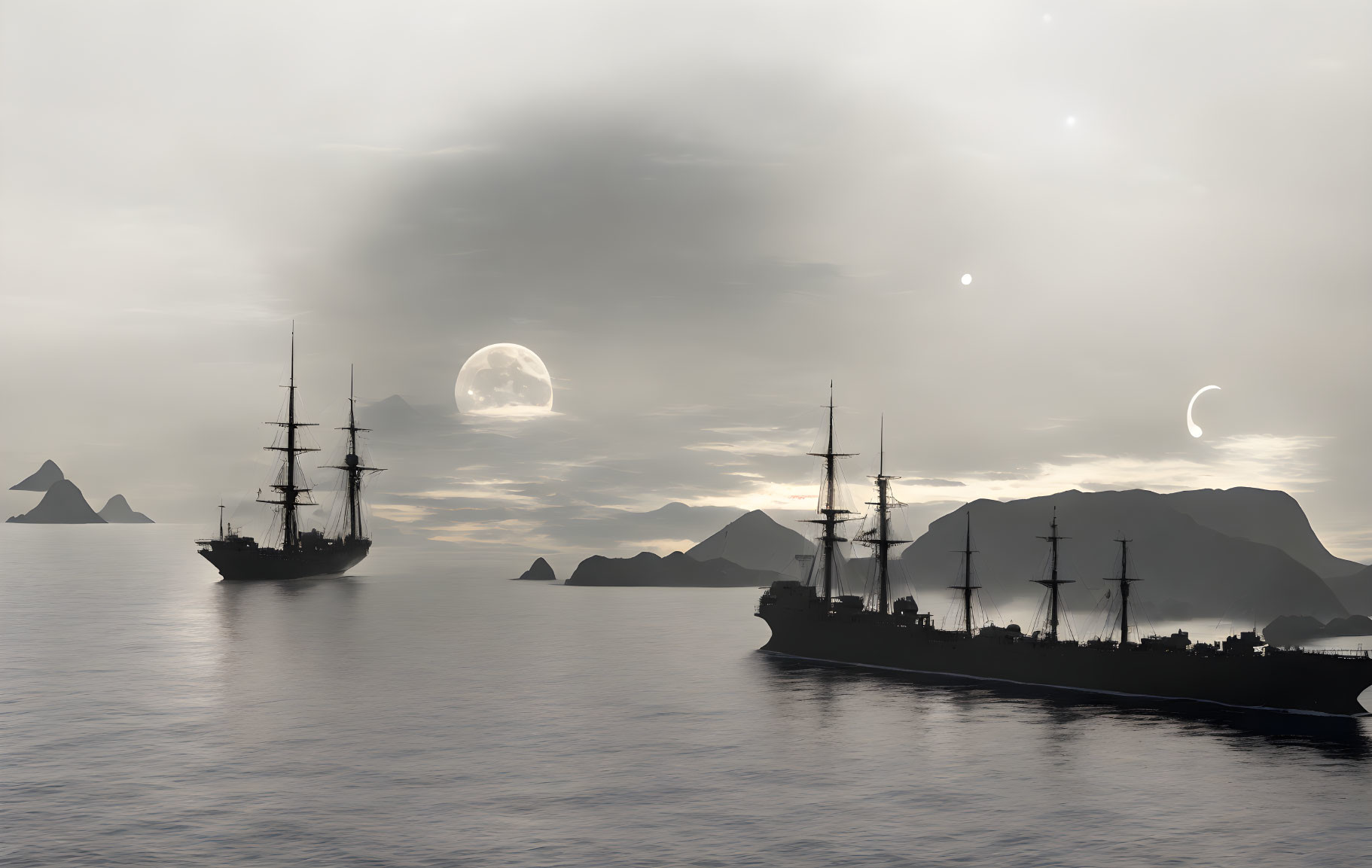 Seascape with two classic ships near misty coastline