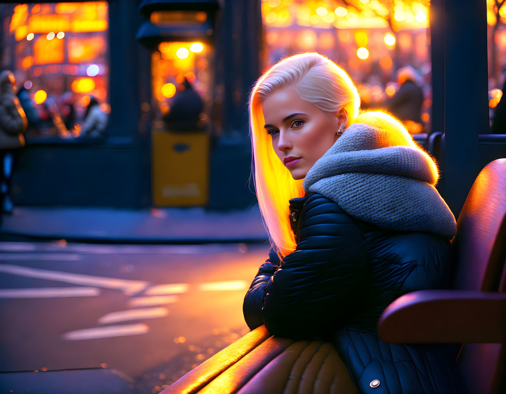 Platinum blonde woman on bench at dusk with glowing city lights