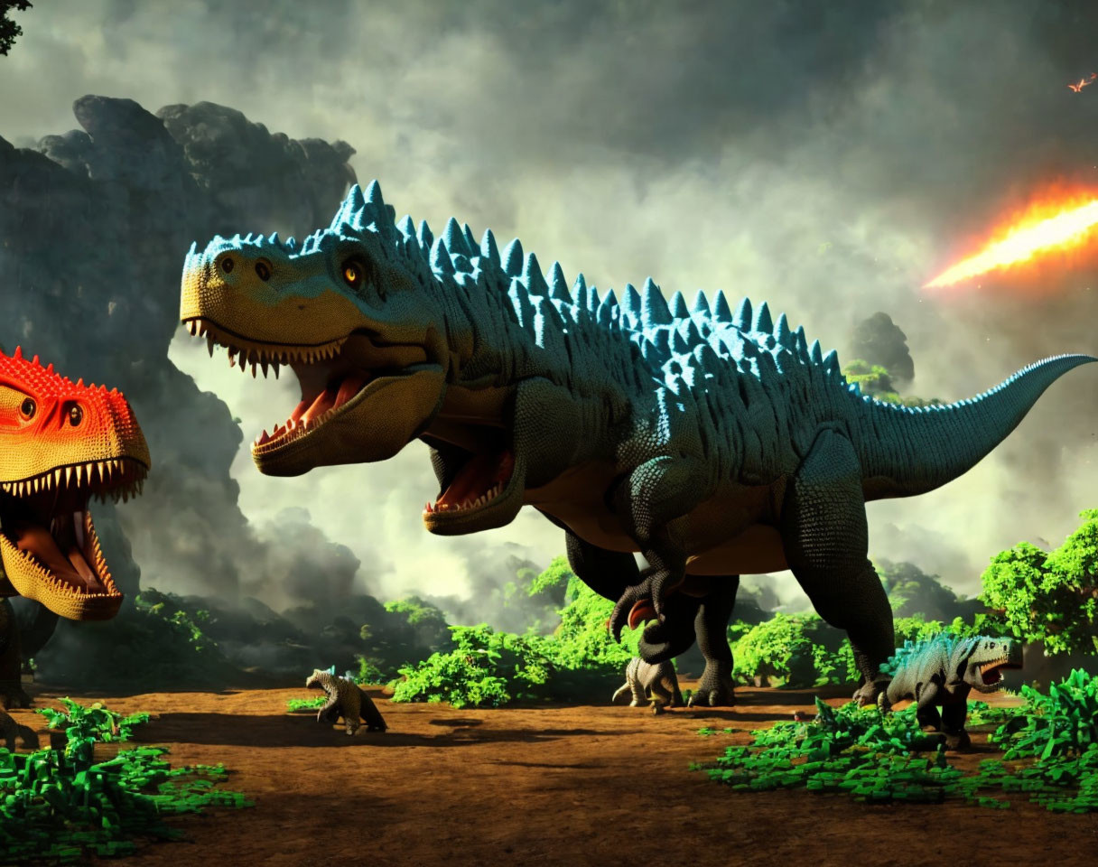 Prehistoric landscape with animated dinosaurs and meteor.