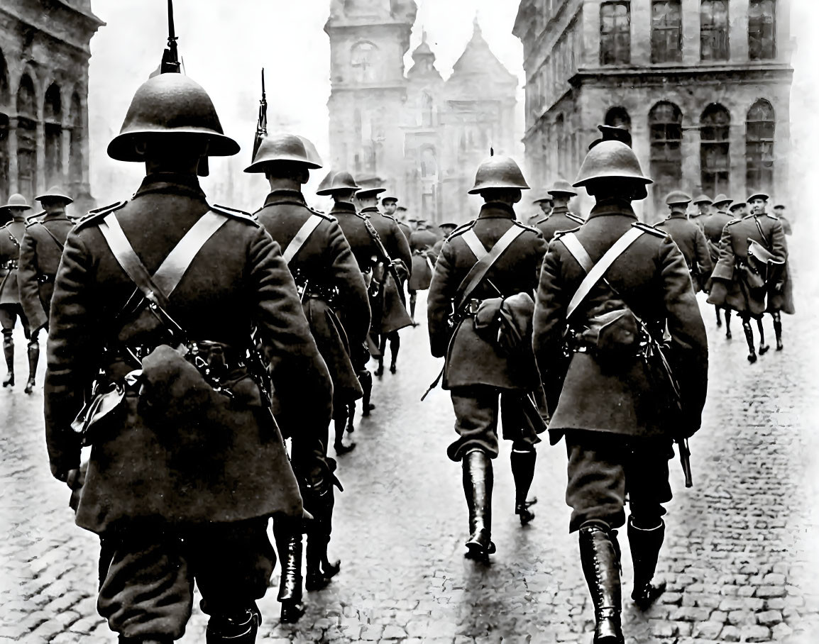 Vintage soldiers in helmets and backpacks marching on cobblestone street