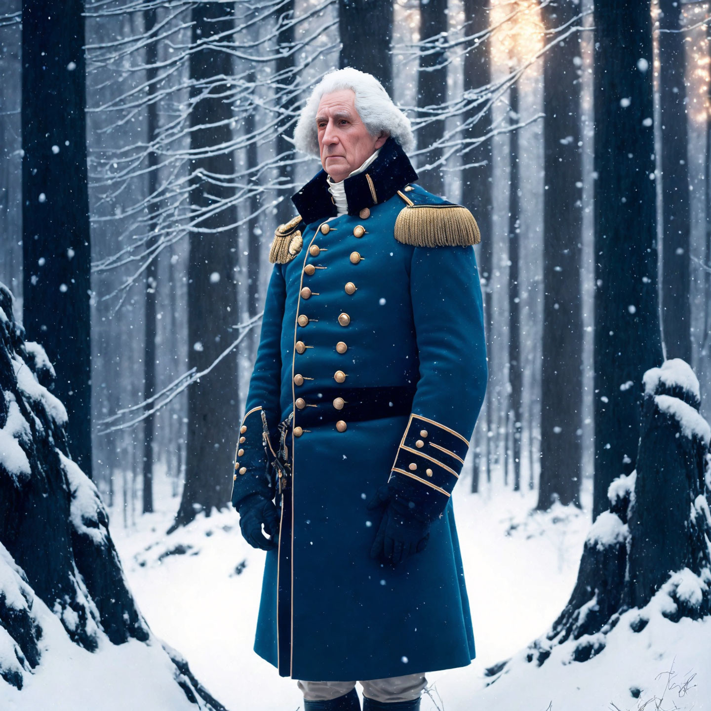 Elderly man in blue military uniform in snowy forest