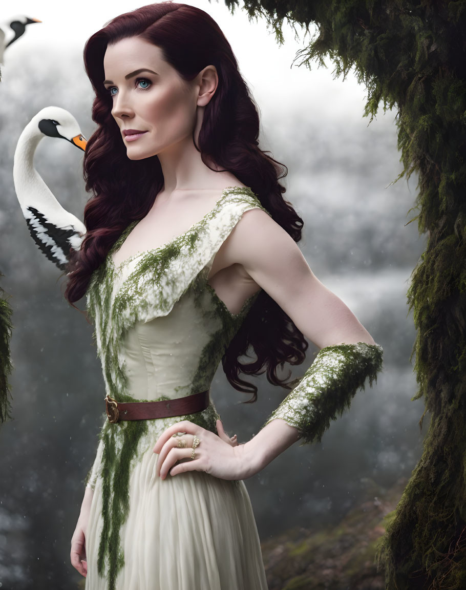 Fantasy-inspired woman with swan in misty forest