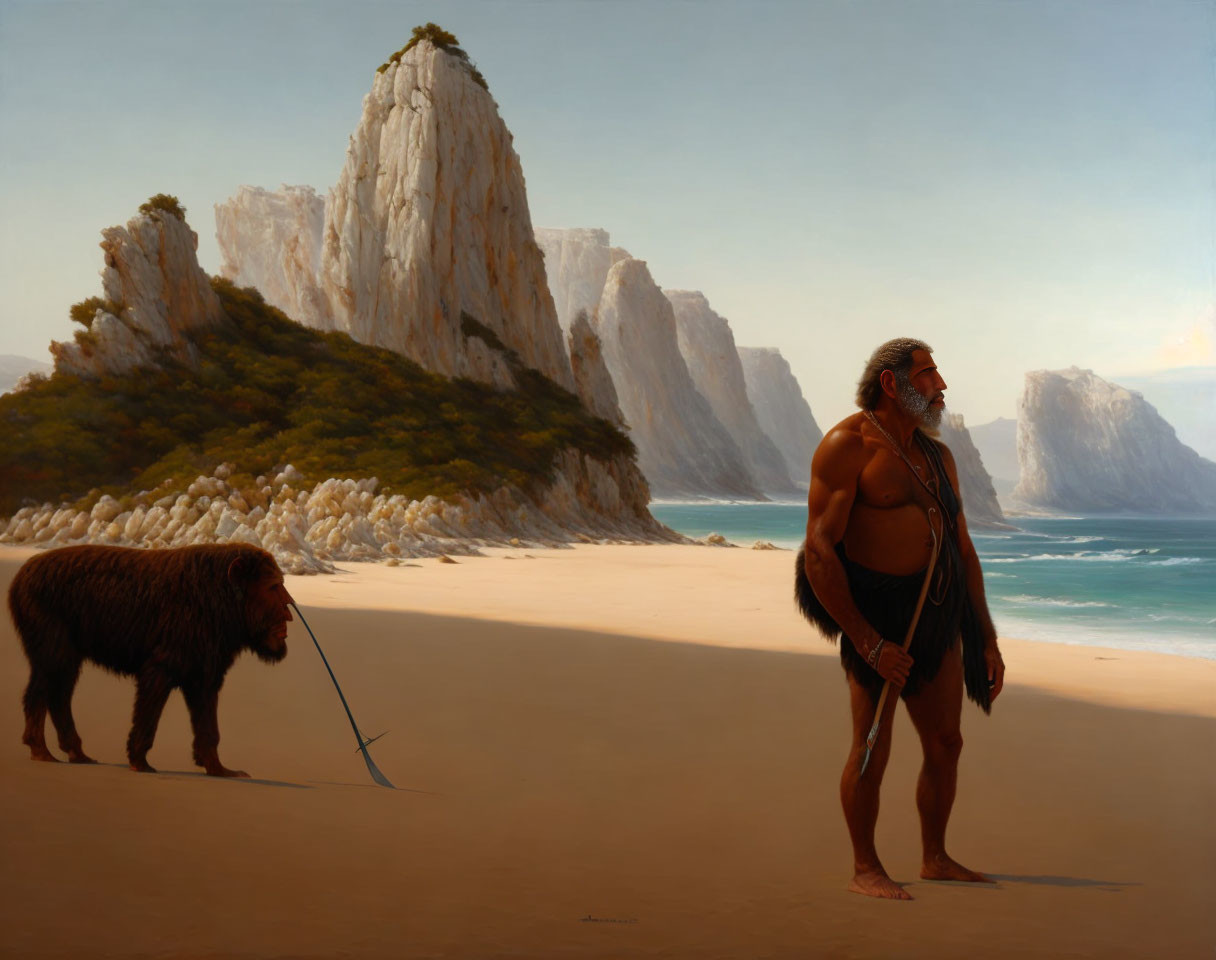 Elderly man with beard and hyena on beach, cliffs in background