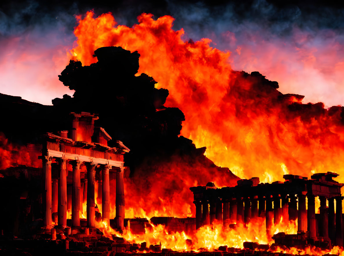 Dramatic ancient ruins engulfed by intense flames