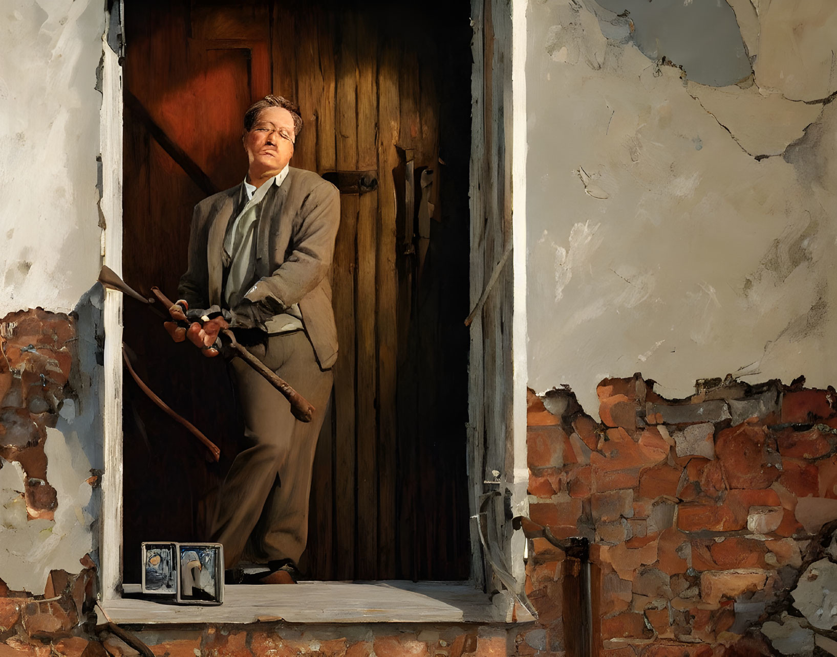 Man in suit with binoculars at doorway of rundown building with peeling walls and photo frame.