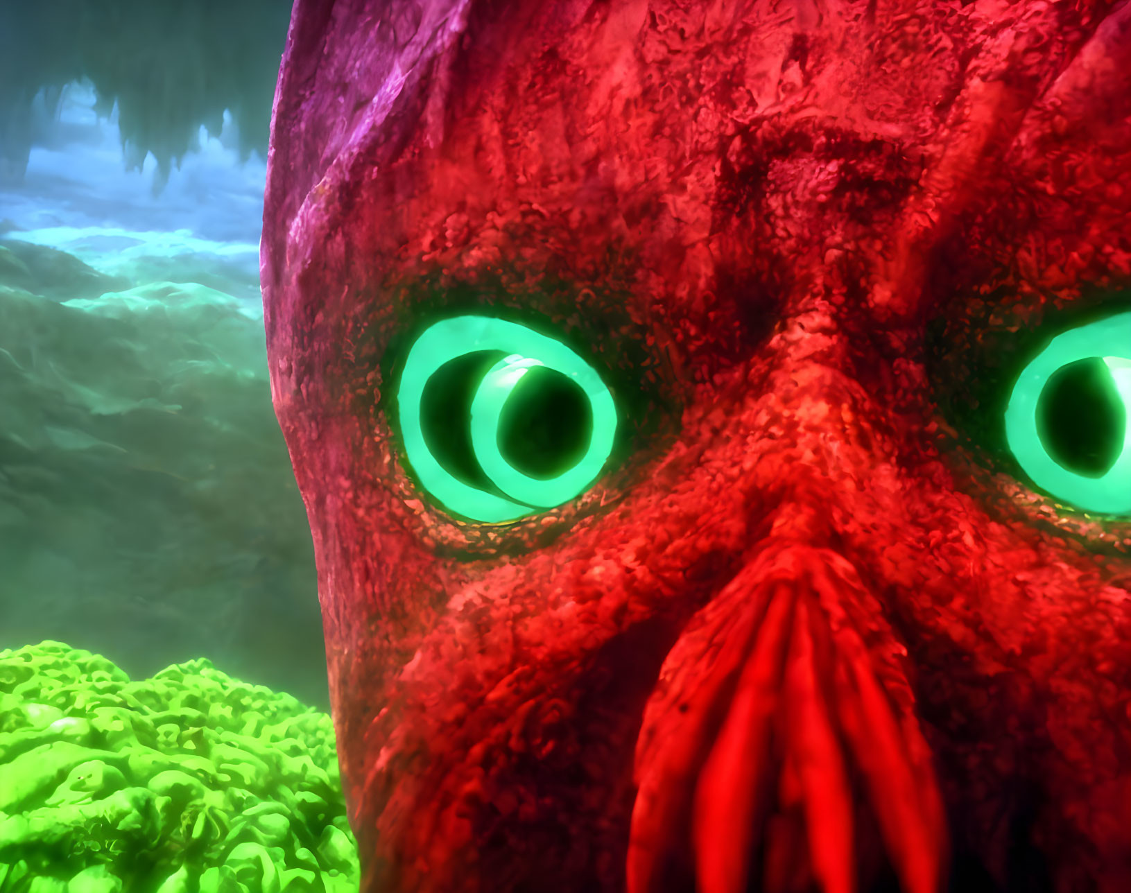 Red Textured Creature with Glowing Green Eyes in Underwater Setting