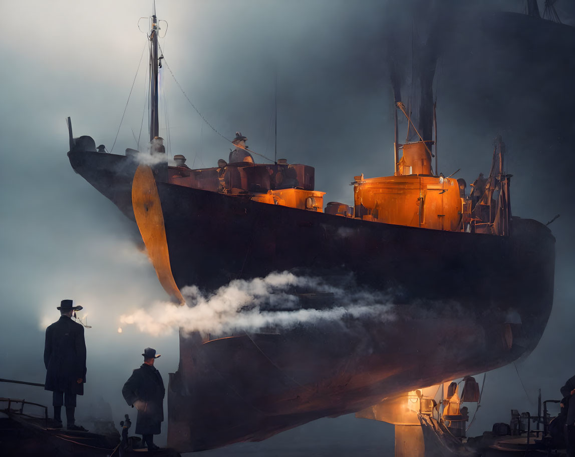 Vintage ship with glowing lights in misty atmosphere